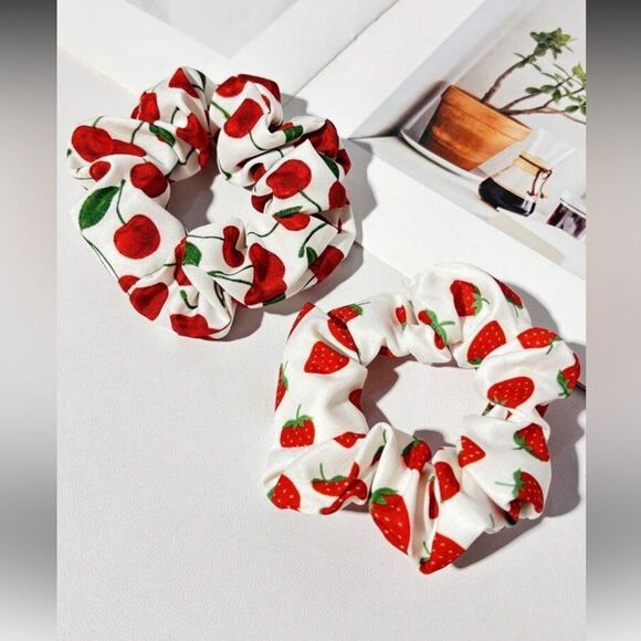 White Scrunchies with Red Fruit Print S927 - Picture 1 of 5